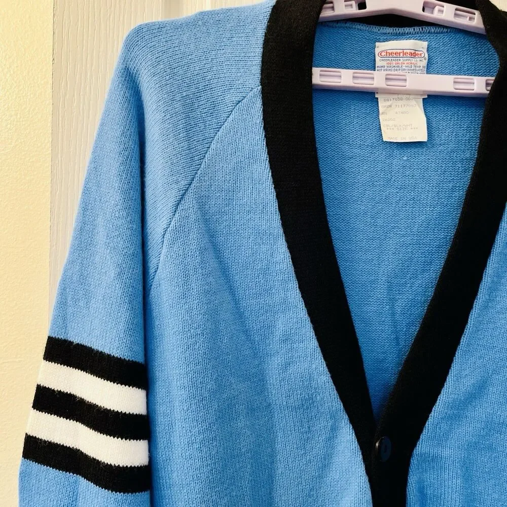 Vtg Varsity Cardigan Sweater L Blue Cheerleader Supply USA Orlon Acrylic Stripes